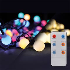 Solight LED 2v1 venkovní vánoční řetěz, koule, dálkový ovladač, 100LED, RGB+bílá, 10m+5m, 8 funkcí, IP44