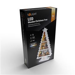 Solight LED dřevěný vánoční stromek s dekoracemi, 13x LED, bílá, 53cm, 2x AA